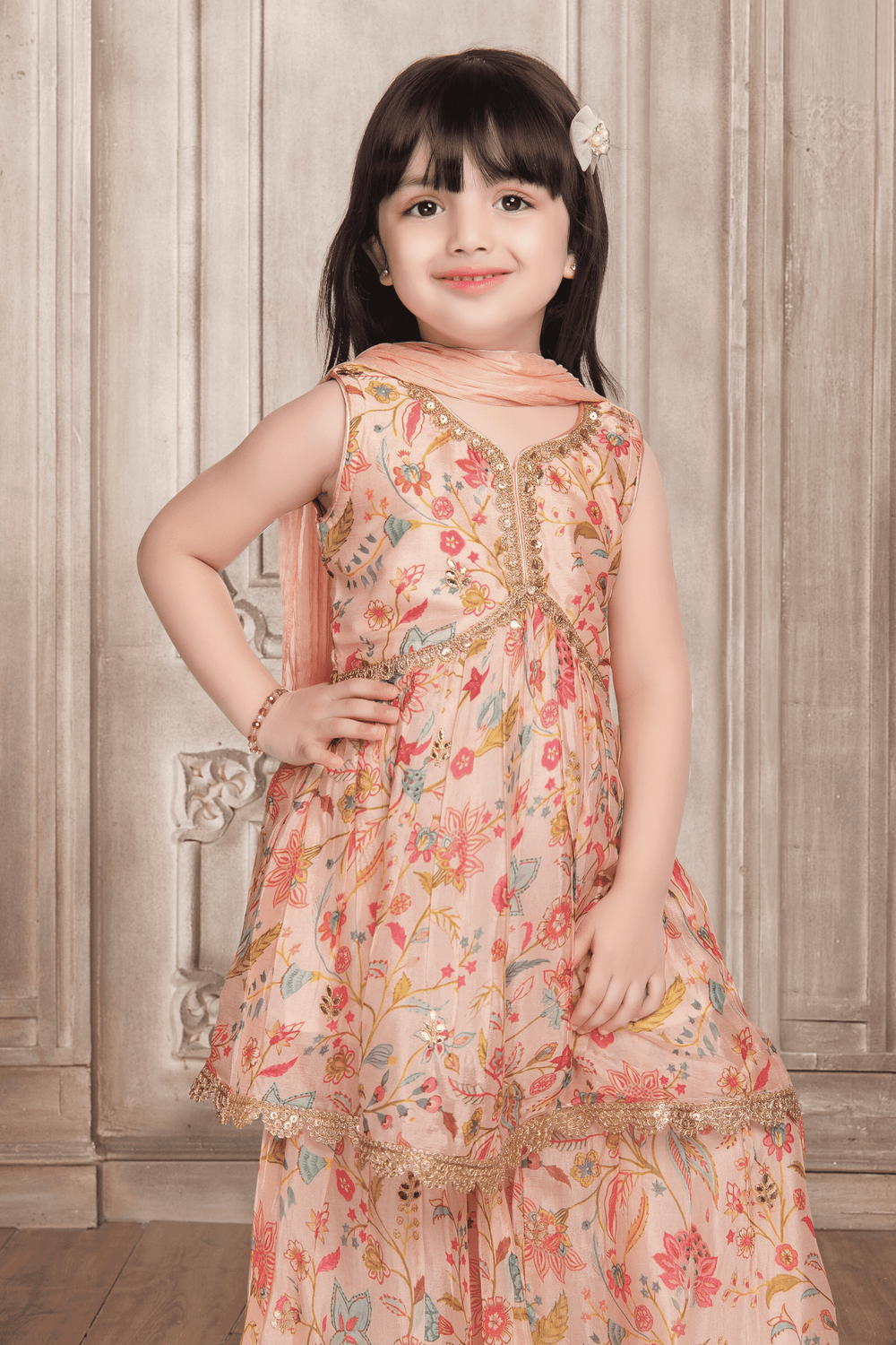 Pink with Multicolor Digital Print, Sequins and Zari work Peplum Top and Sharara Set for Girls - Seasons Chennai