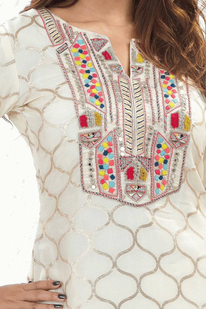 Cream Zari Weaving, Multicolor Thread and Mirror work Sharara Suit Set - Seasons Chennai