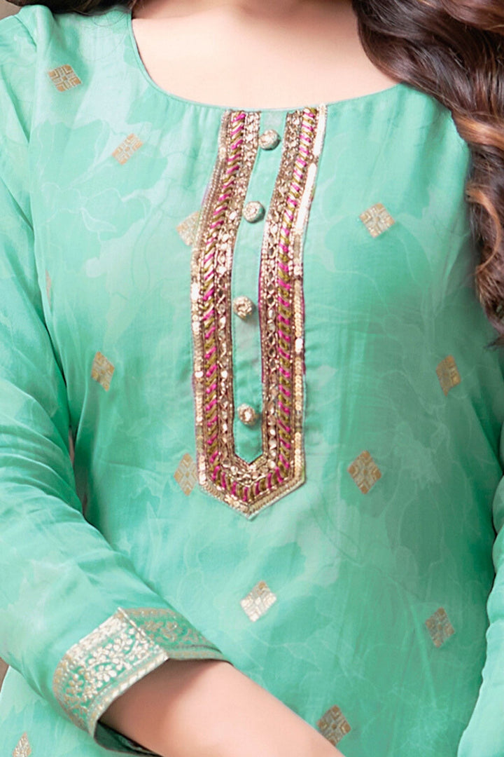 Sea Green Floral Print, Sequins, Thread and Zardozi work Straight Cut Salwar Suit