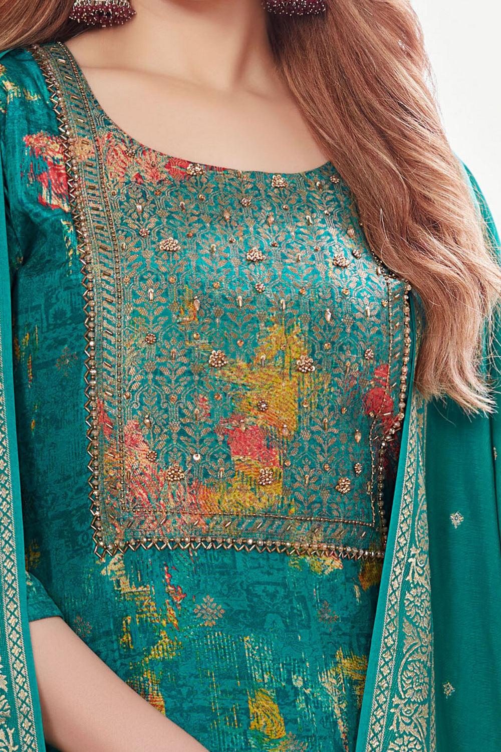 Rama Green Banaras, Beads and Sequins work with Digital Print Straight Cut Salwar Suit - Seasons Chennai