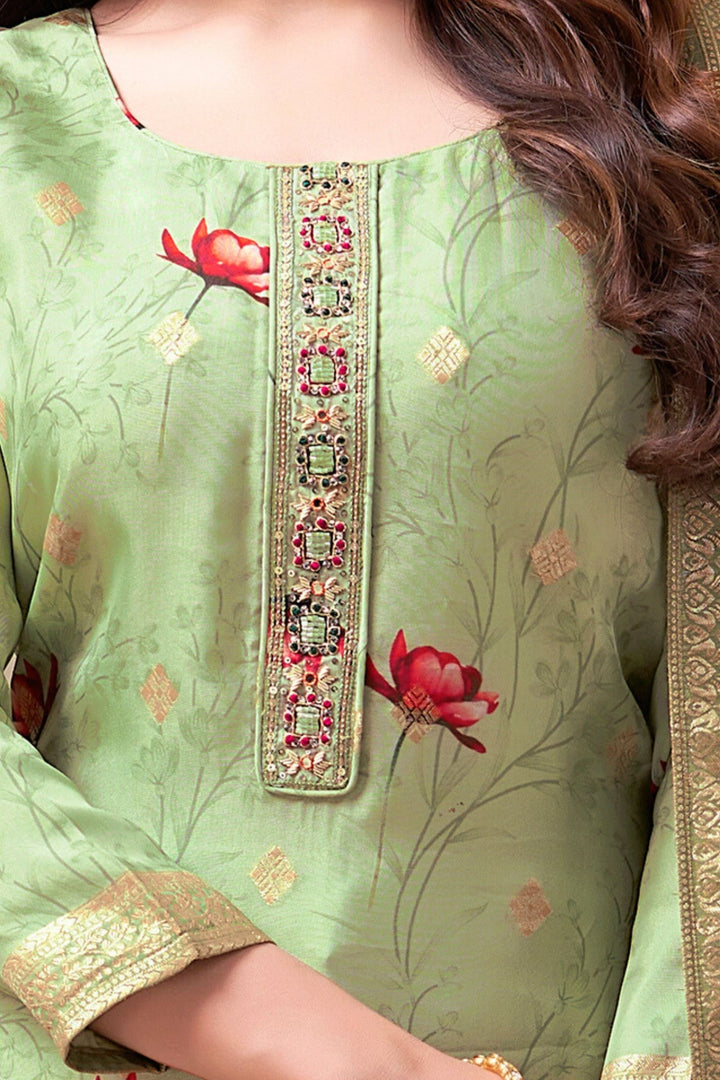 Pista Green Floral Print and Banaras Zari Weaving Straight Cut Salwar Suit