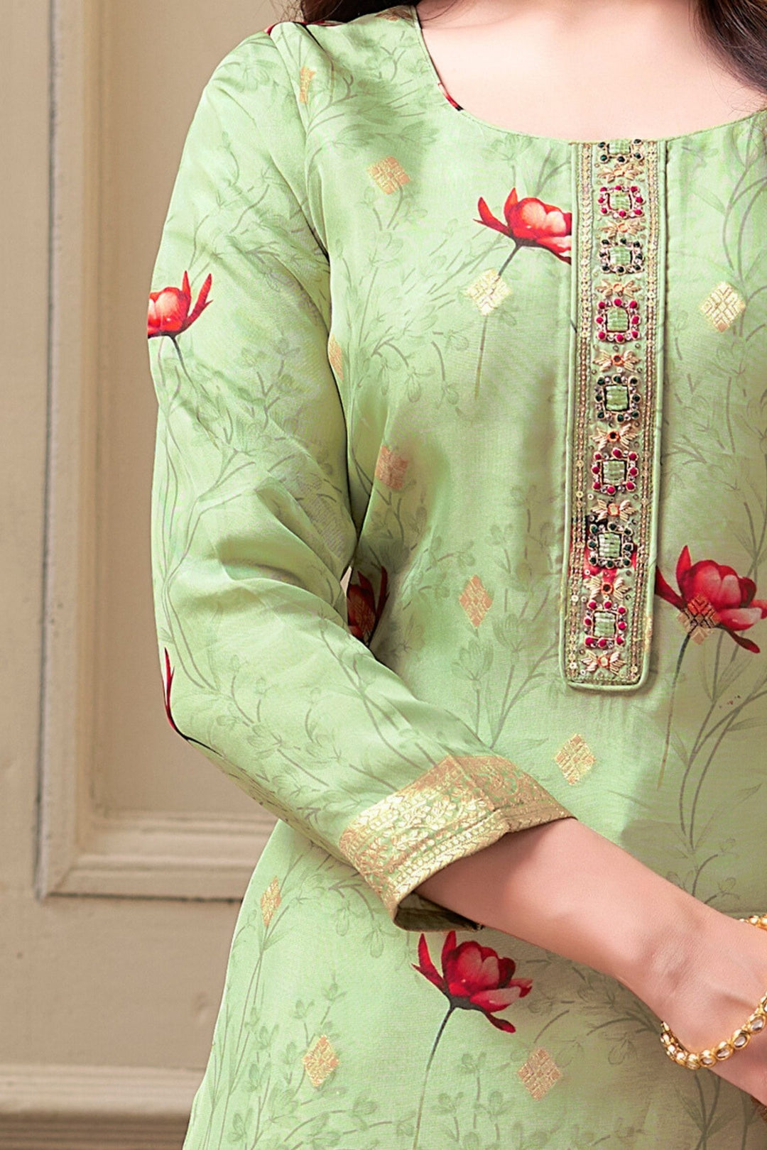Pista Green Floral Print and Banaras Zari Weaving Straight Cut Salwar Suit