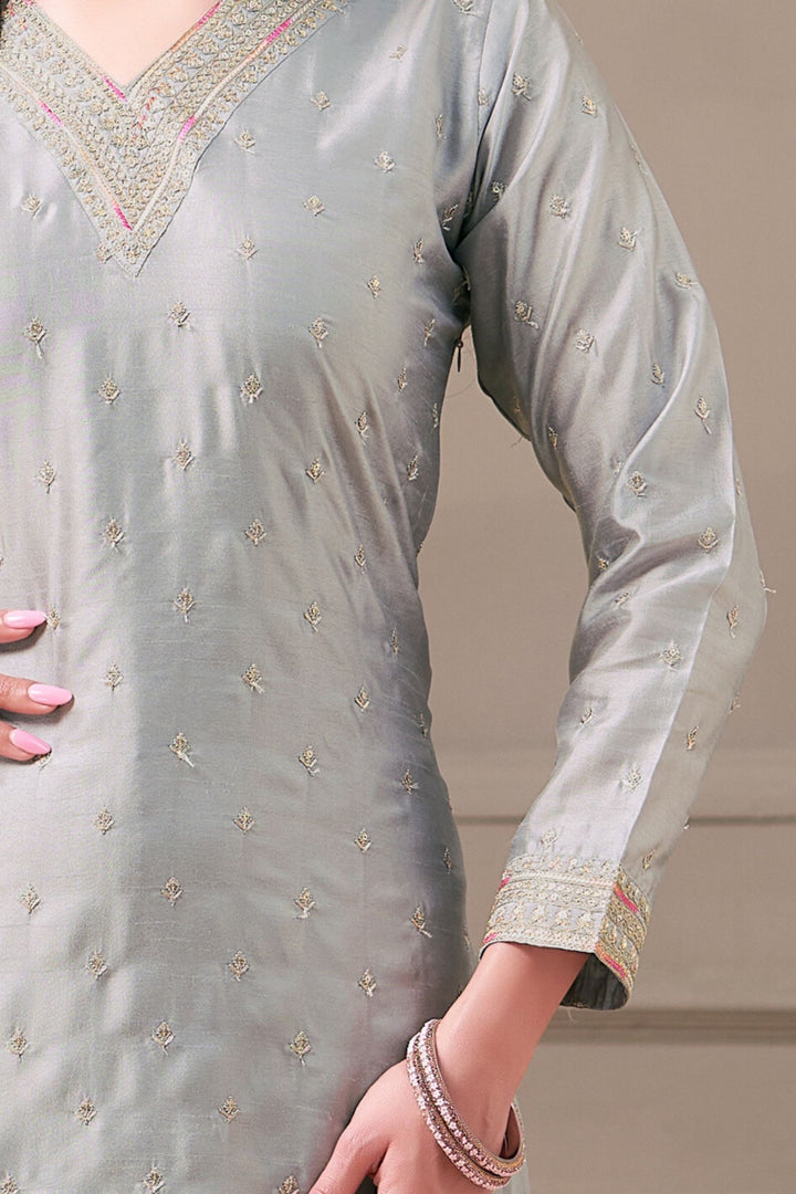 Grey Zari, Sequins and Multicolor Thread work Straight Cut Salwar Suit
