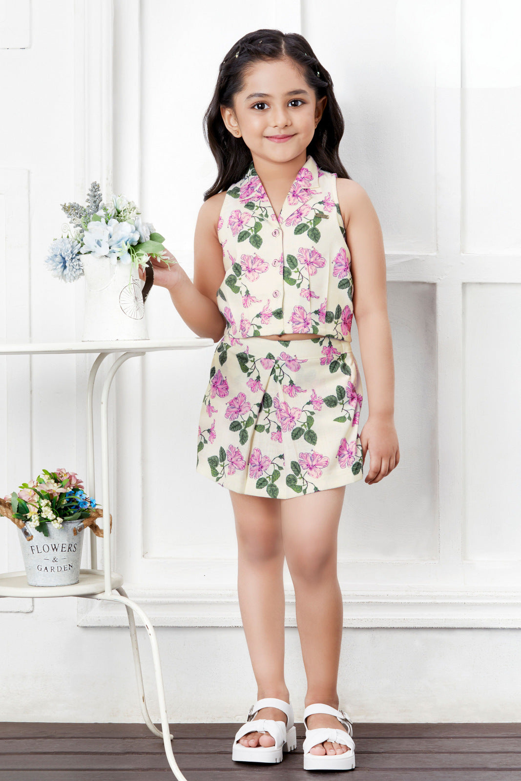 Cream with Floral Print Top and Divider Skirt for Girls
