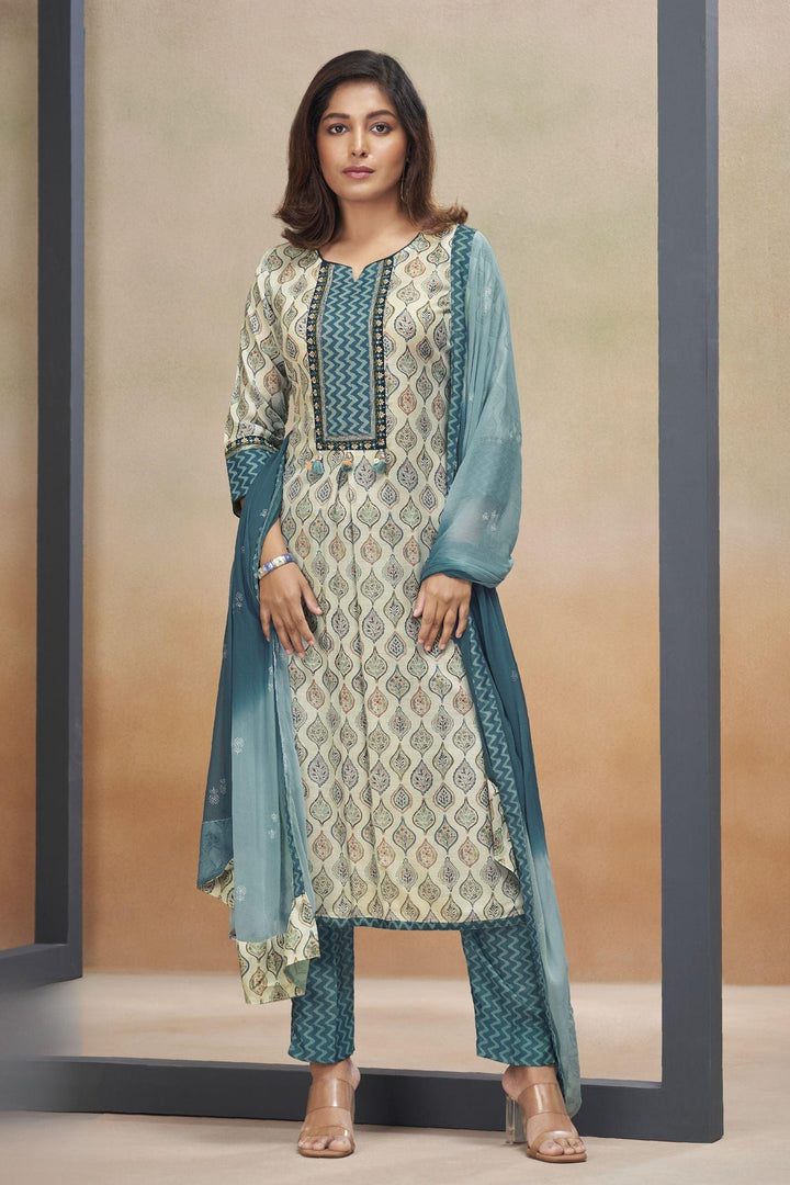 Half White with Blue Multicolor Digital Print, Zari and Thread work Straight Cut Salwar Suit - Seasons Chennai