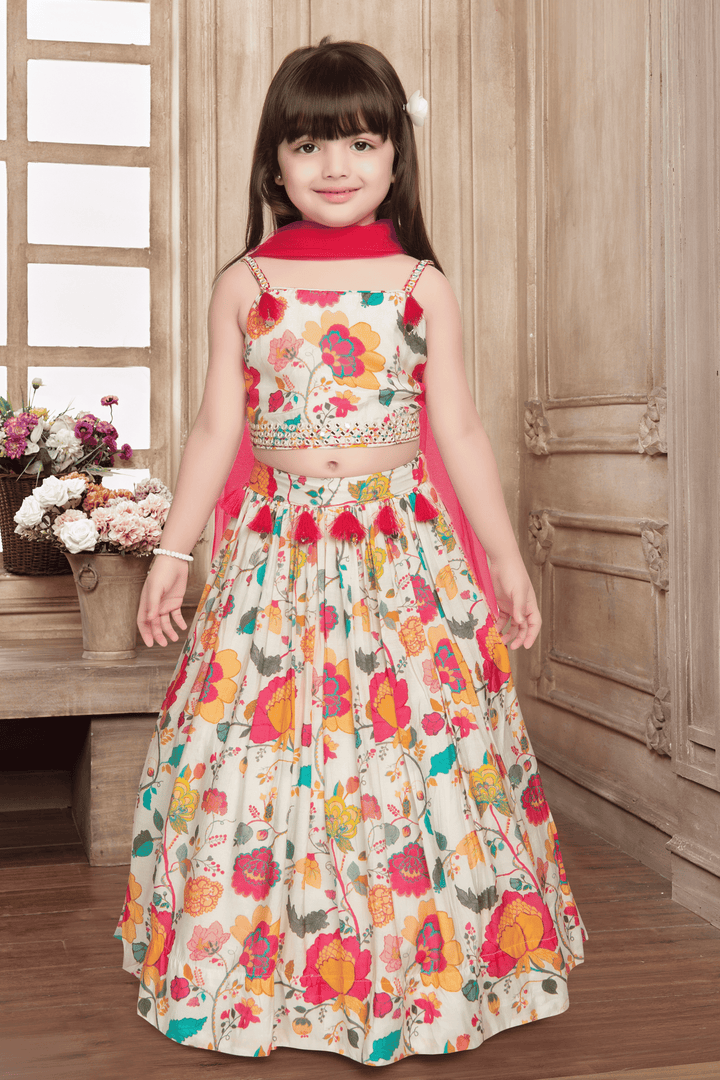 Cream Mirror and Thread work with Floral Print Lehenga Choli for Girls - Seasons Chennai