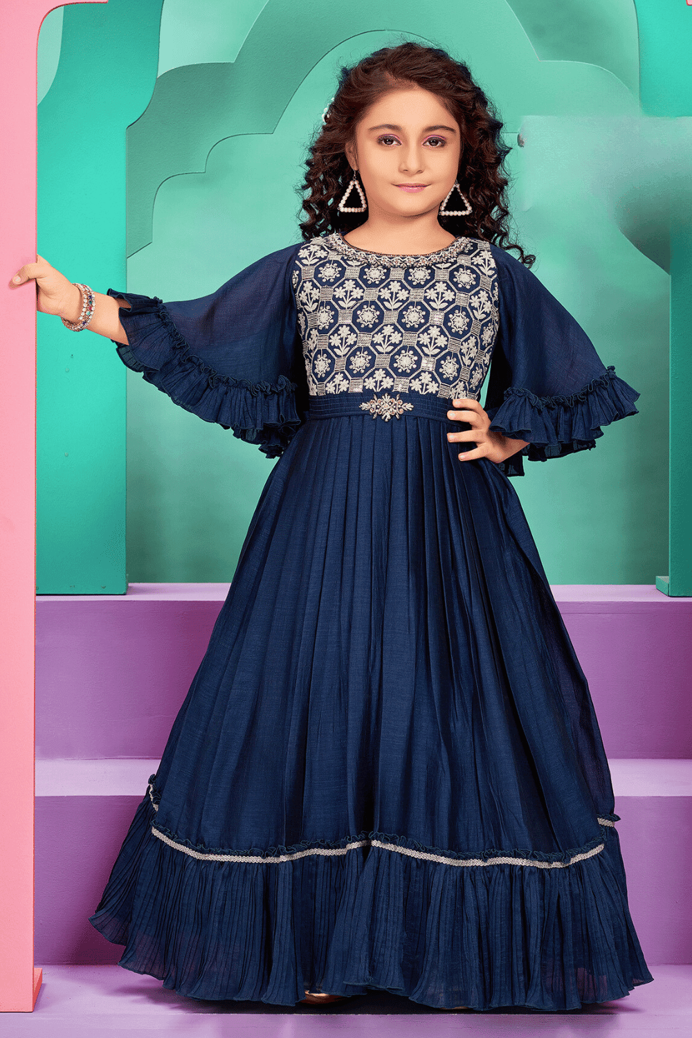Peacock Blue Embroidery, Sequins, Stone, Pearl and Zardozi work Long Party Gown for Girls - Seasons Chennai