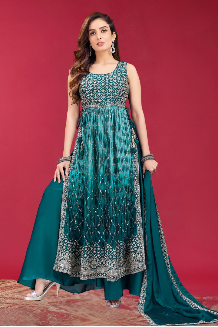 Peacock Green Silver Zari and Sequins work Salwar Suit with Palazzo Pants