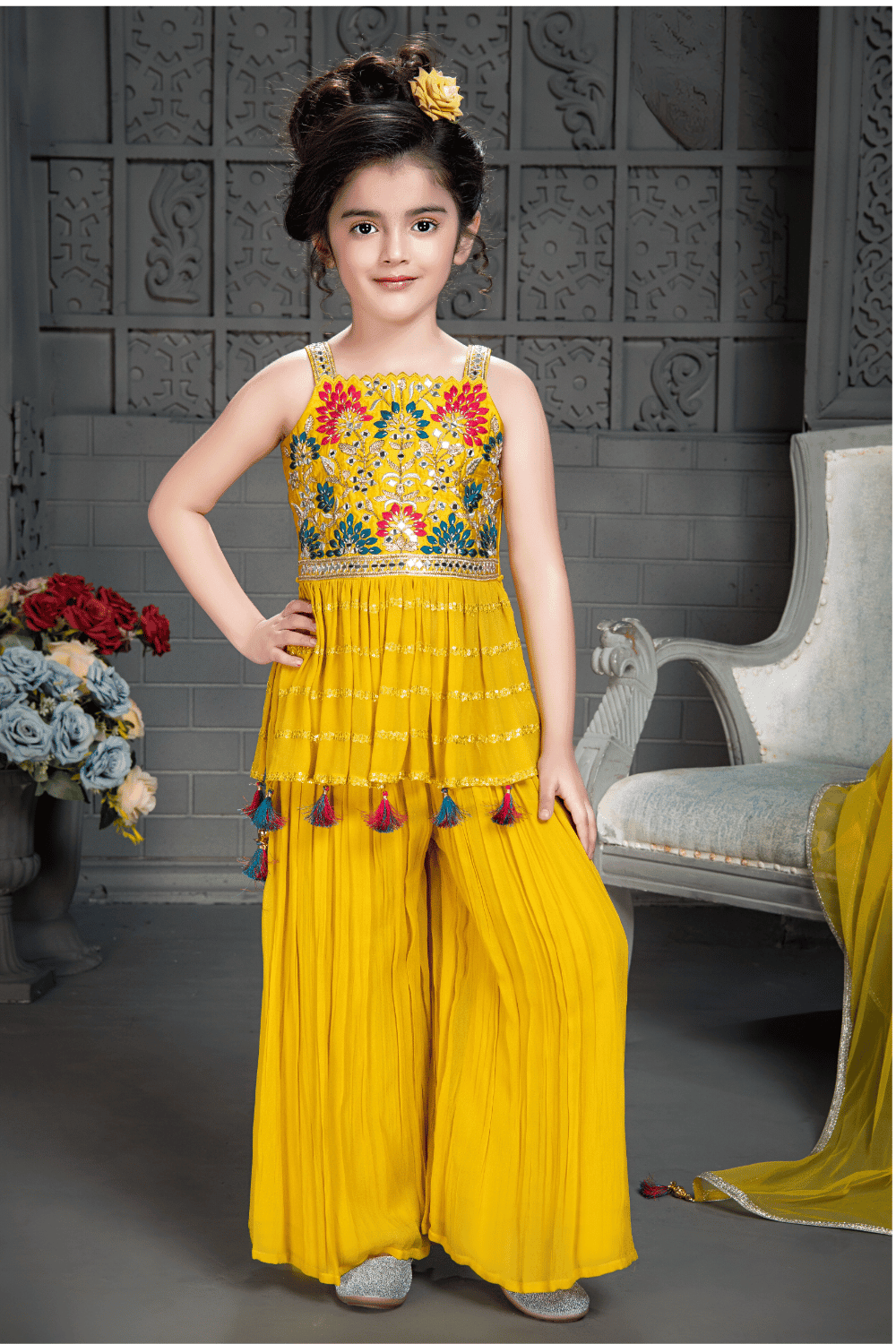 Yellow Thread, Mirror, Zari and Zardozi work Peplum Style Palazzo Suit Set for Girls - Seasons Chennai