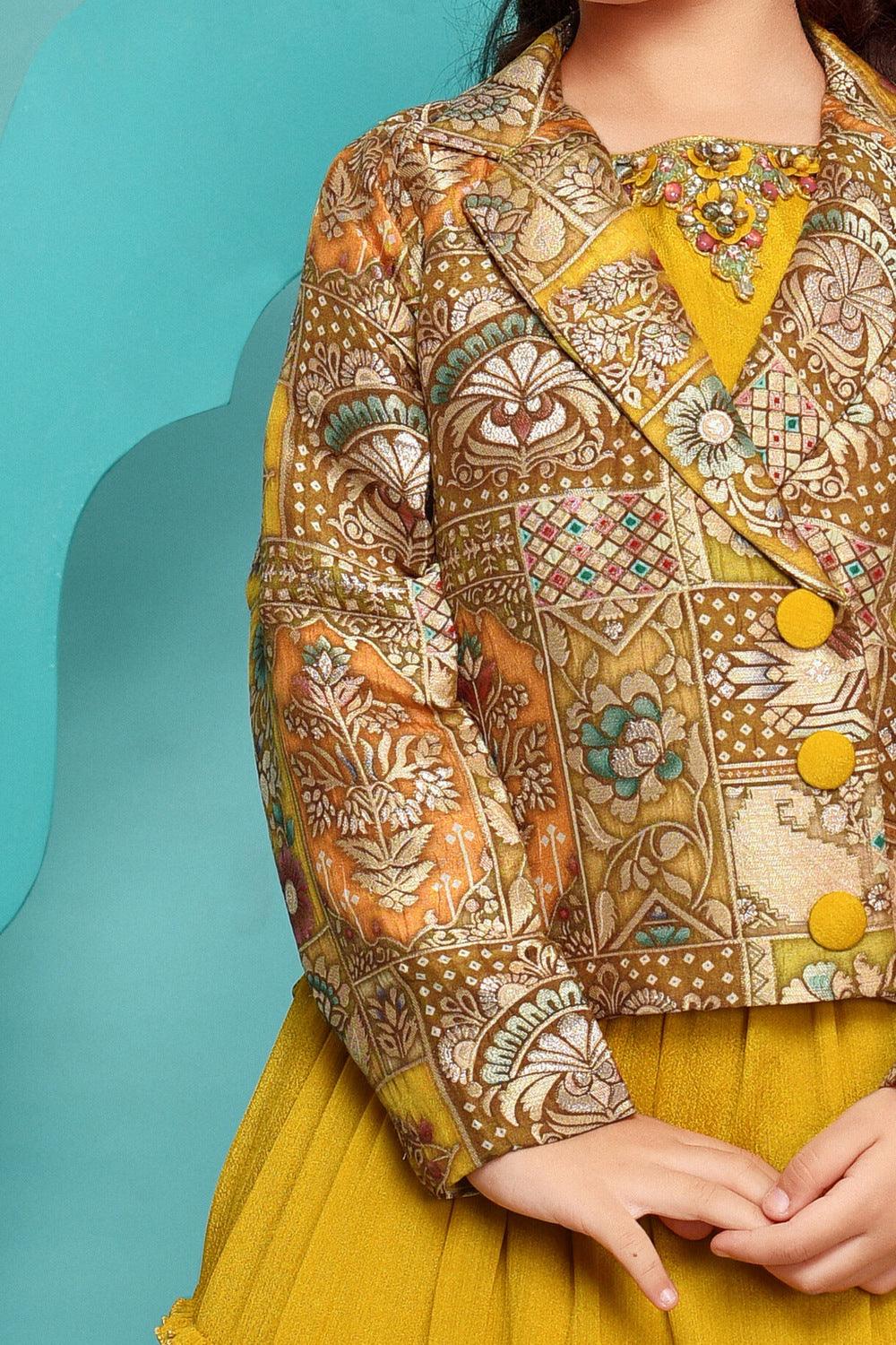 Yellow Stone, Beads and Zari work Overcoat Styled Lehenga Choli for Girls - Seasons Chennai