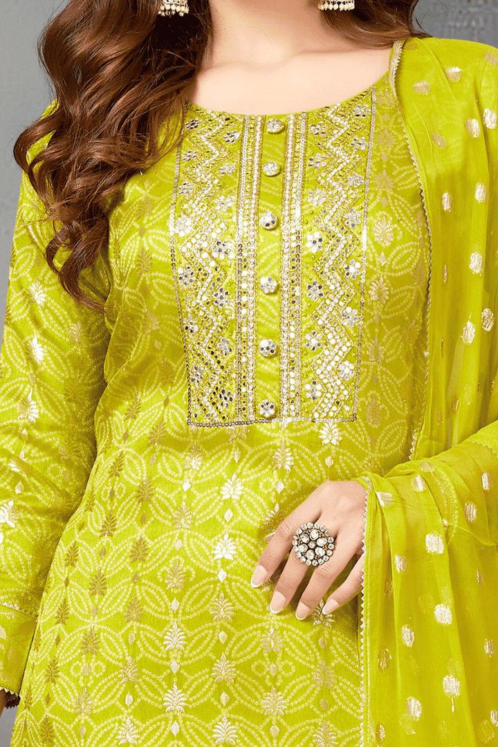 Lemon Green Bandini Print, Pearl, Beads, Banaras and Sequins work Straight Cut Salwar Suit - Seasons Chennai