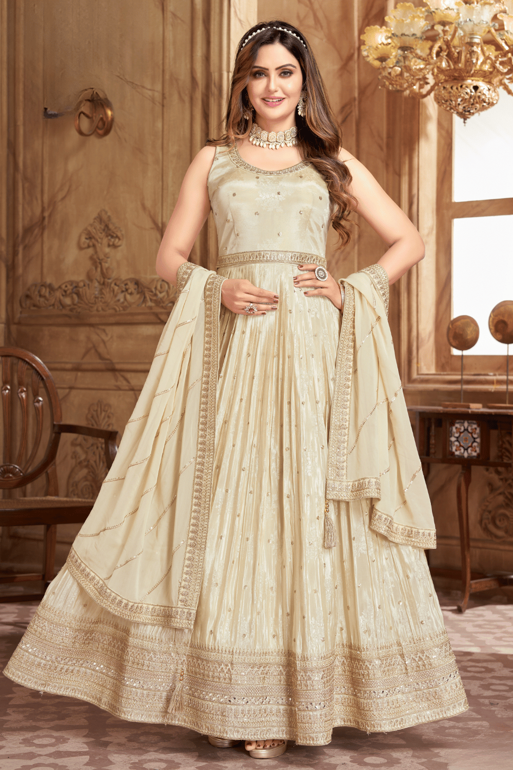 Cream Anarkali Dress - Desi Royale