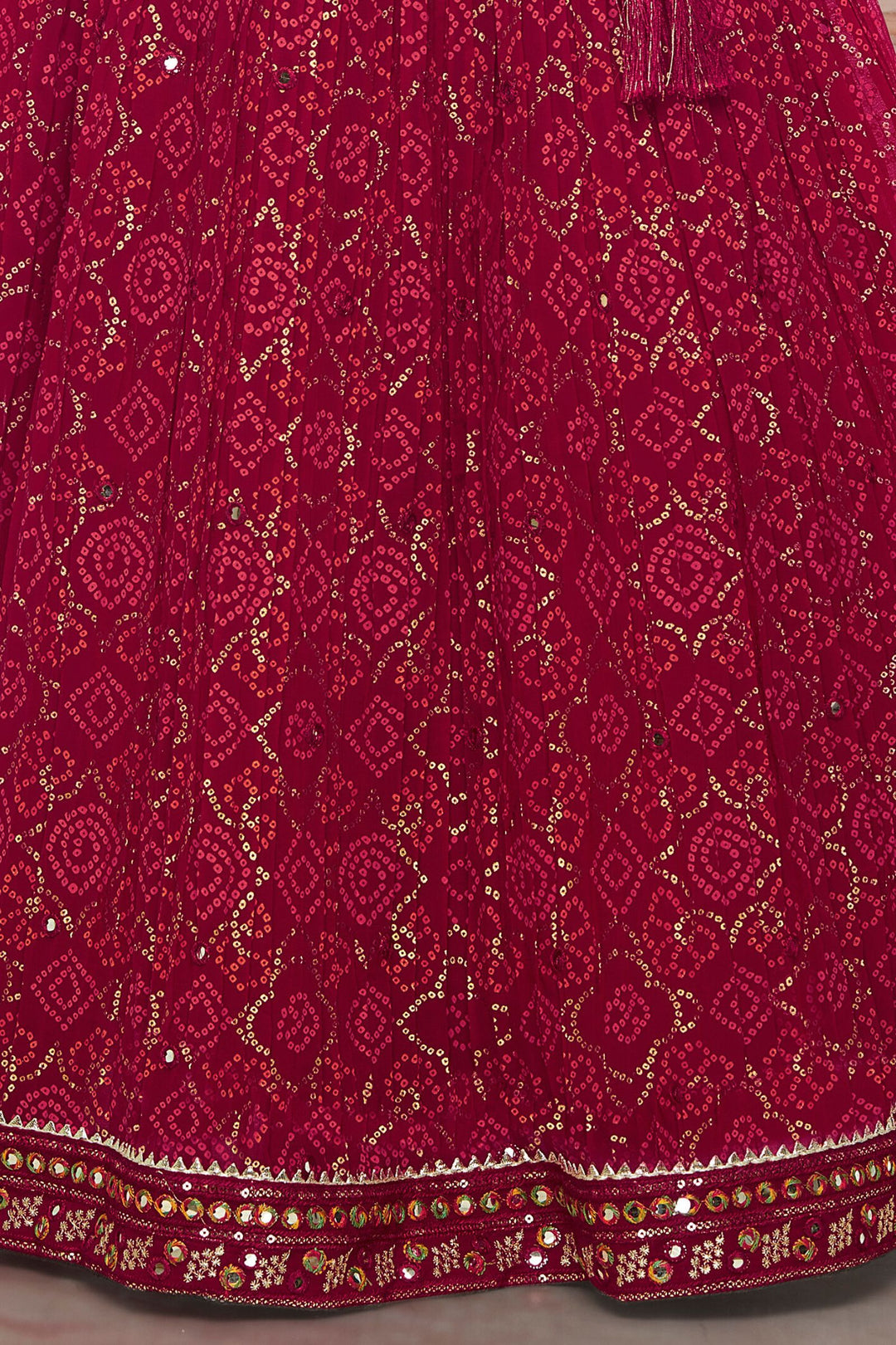 Red with Bandini Print, Sequins, Zari and Stone work Lehenga Choli for Girls