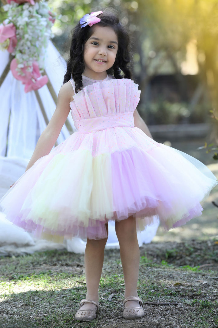 Pink with Multicolor Frilled Short Frock for Girls