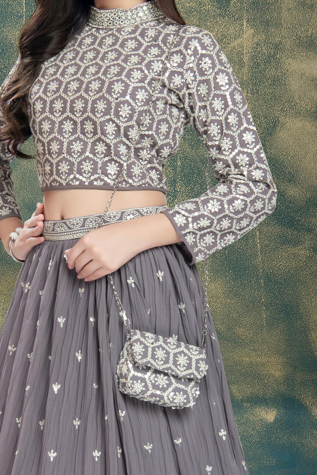 Light Purple Sequins, Thread, Stone and Mirror work Lehenga Choli for Girls - Seasons Chennai