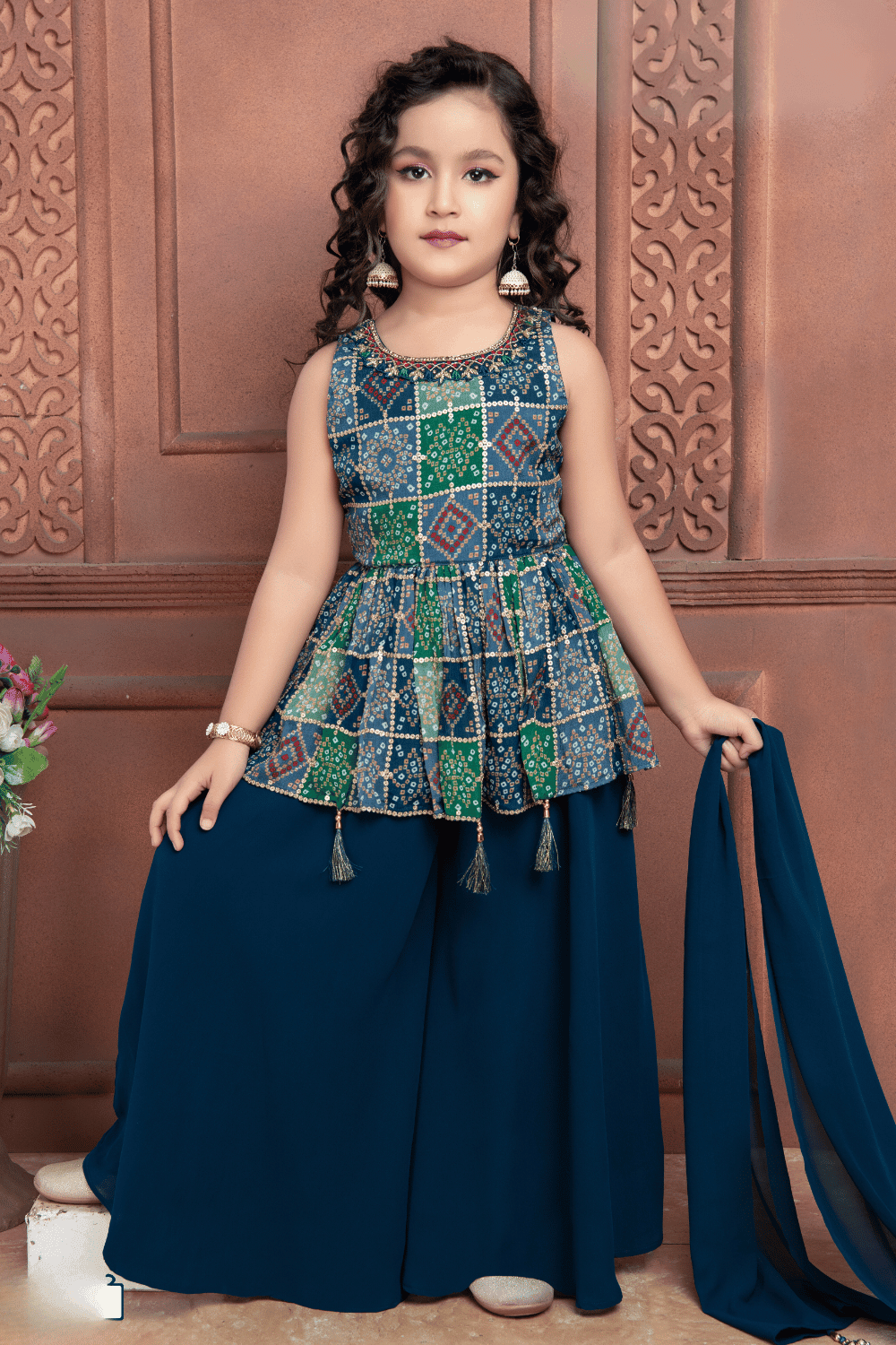 Peacock Blue Bandini Print, Stone and Beads work Peplum Style Palazzo Suit Set for Girls - Seasons Chennai