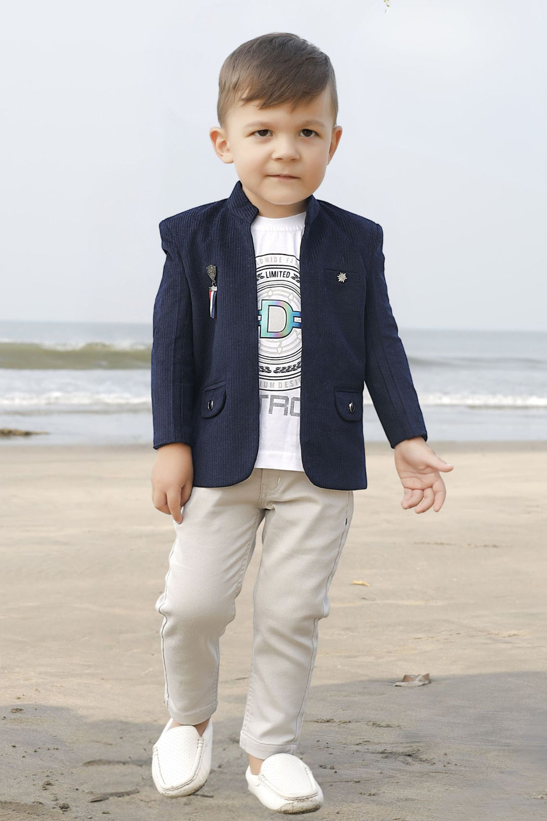 Navy Blue Waist Coat with White T-Shirt and Grey Pant Set for Boys