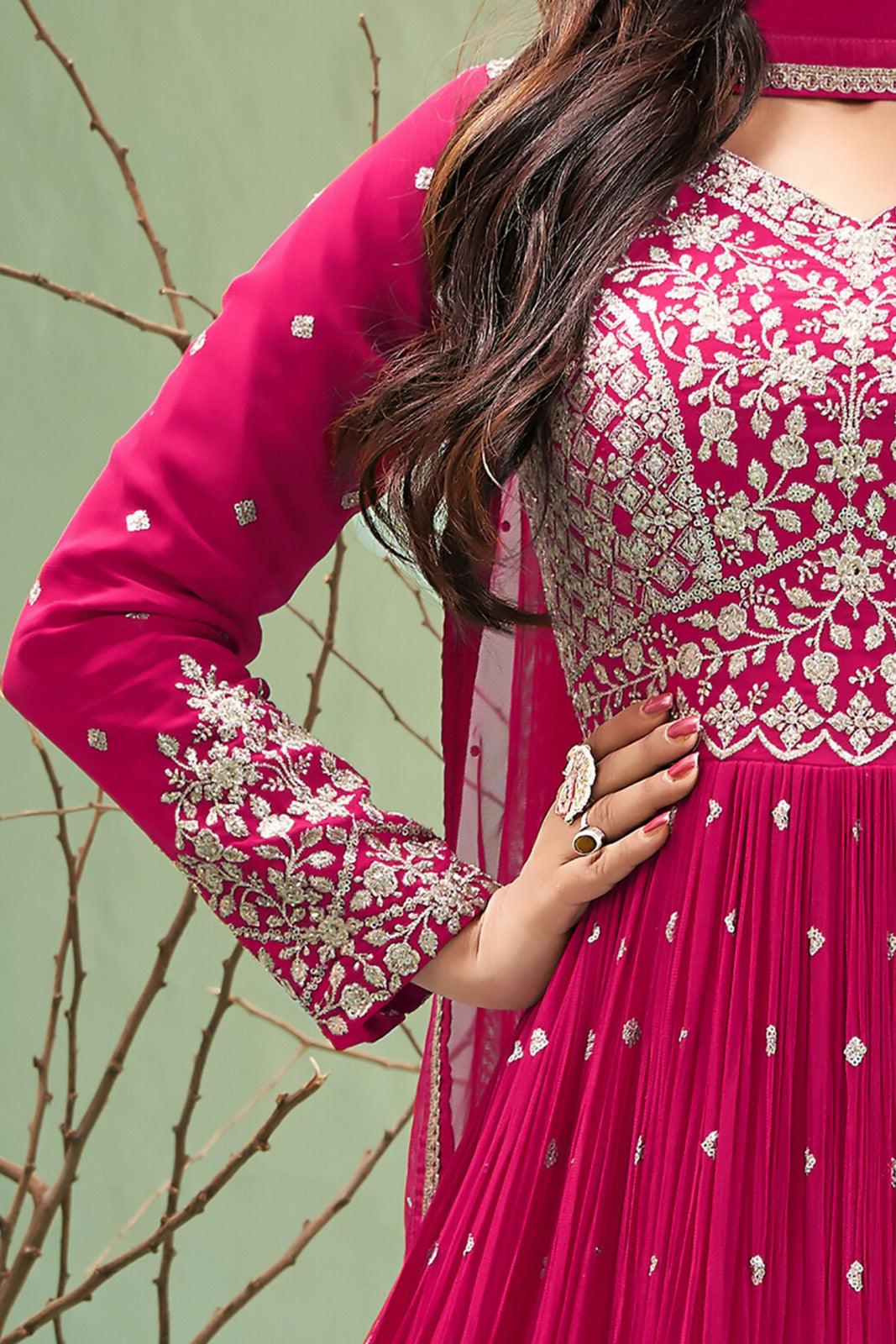Rani Pink Zari, Stone and Sequins work Floor Length Anarkali Suit - Seasons Chennai
