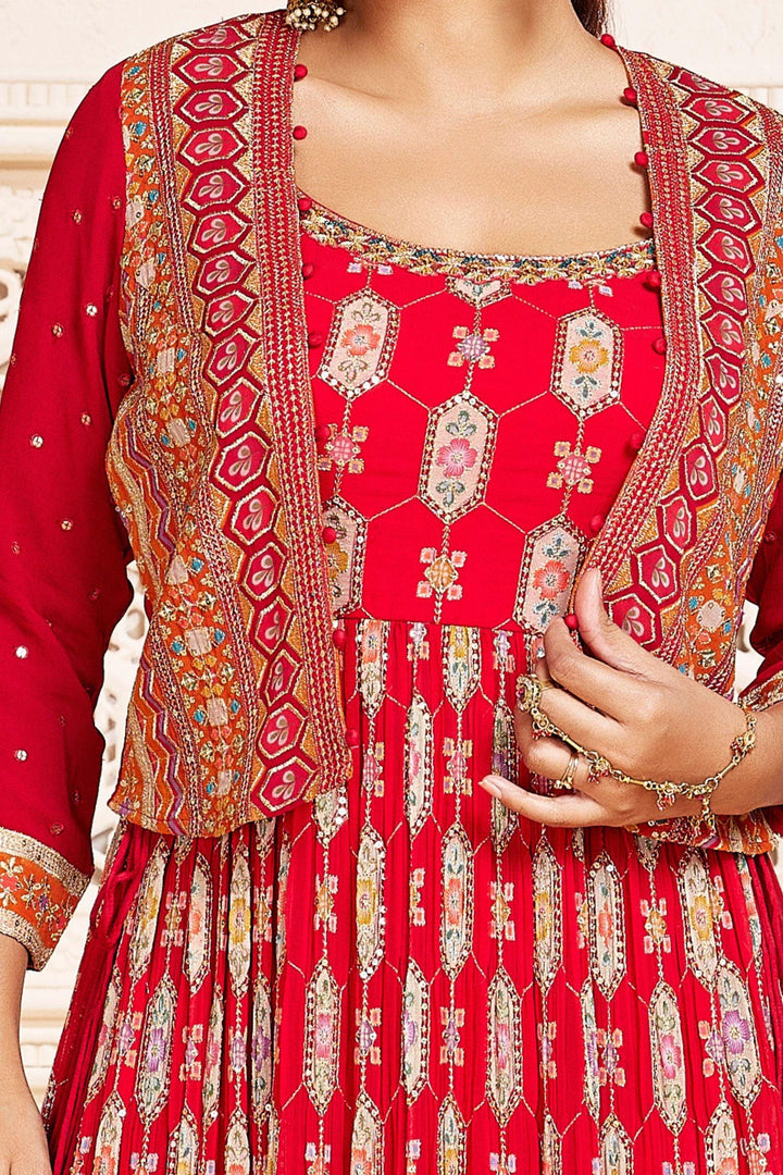 Rani Pink Zari and Sequins work Long Salwar with Jacket Styled Palazzo Suit Set - Seasons Chennai