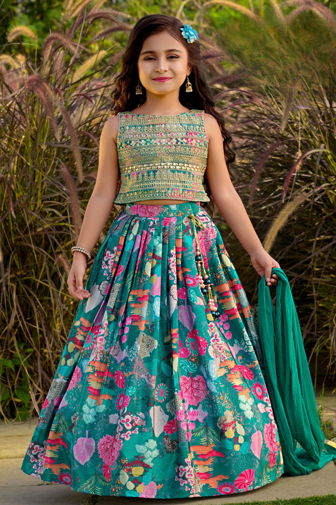 Rama Blue Sequins and Zari work with Floral Print Lehenga Choli for Girls