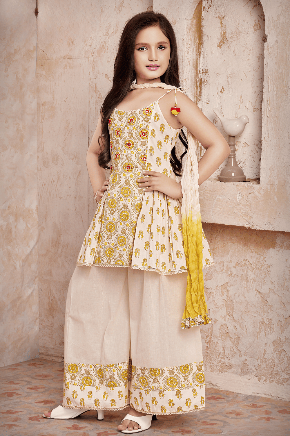 Cream with Yellow Digital Print, Sequins and Thread work Peplum Top and Palazzo Set for Girls - Seasons Chennai