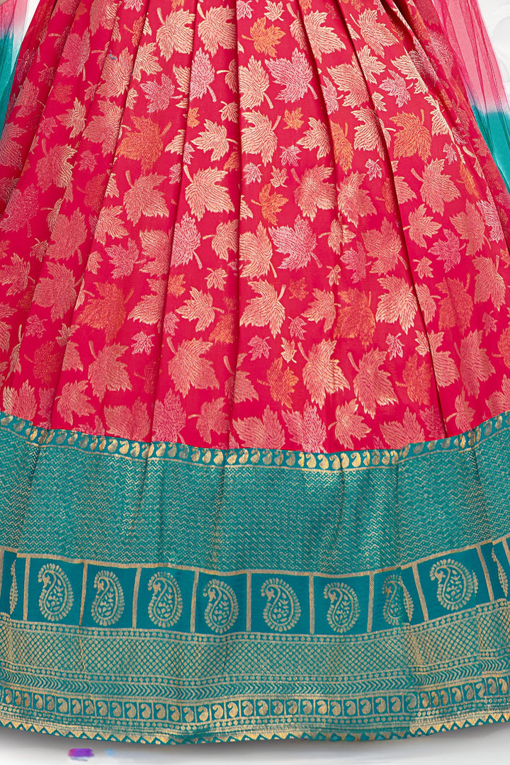 Rama Blue with Pink Banaras, Stone, Beads and Mirror work Lehenga Choli for Girls