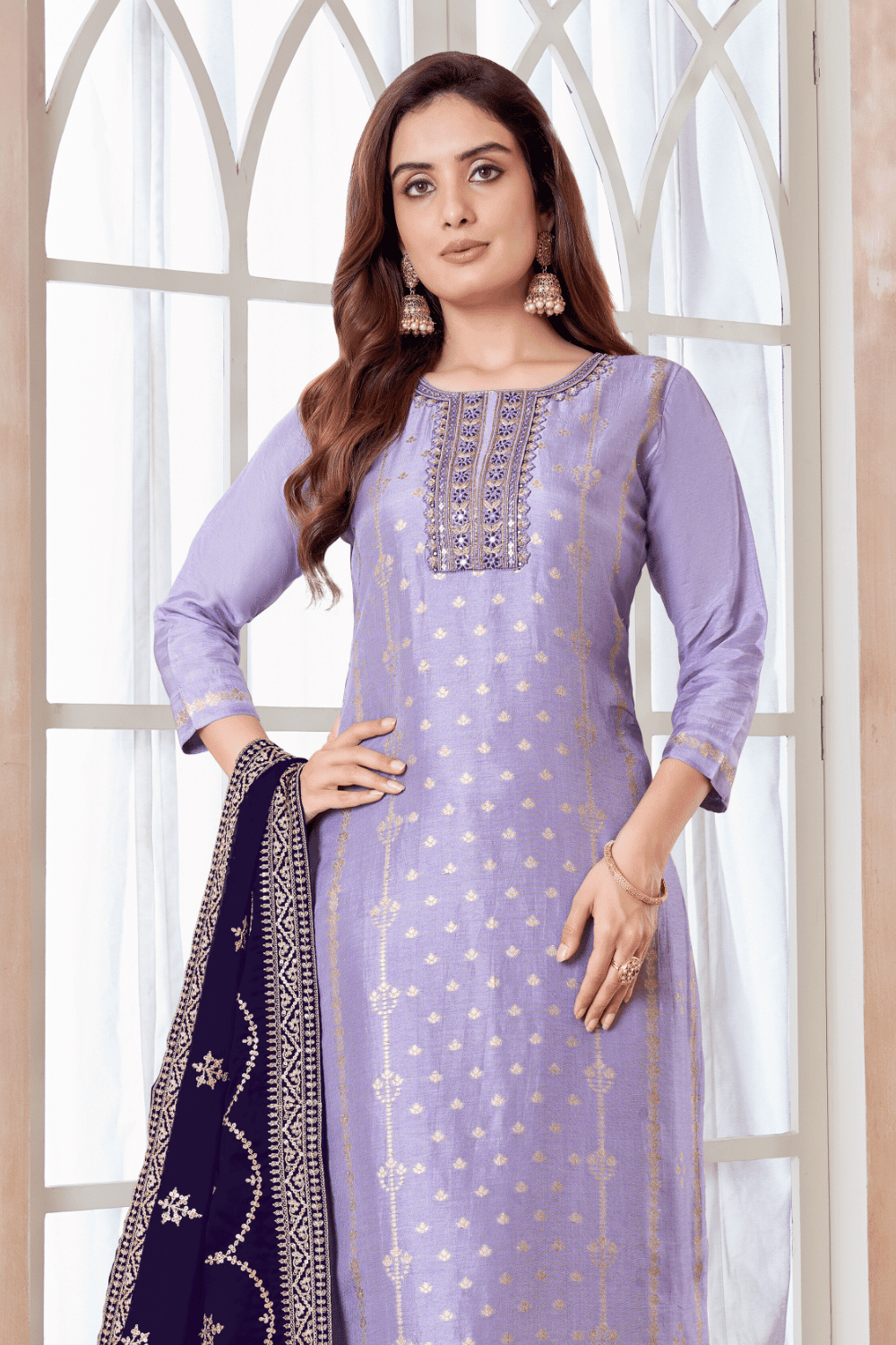 Lavender Banaras, Pearl, Sequins, Zardozi, Mirror and Zari work Straight Cut Salwar Suit - Seasons Chennai