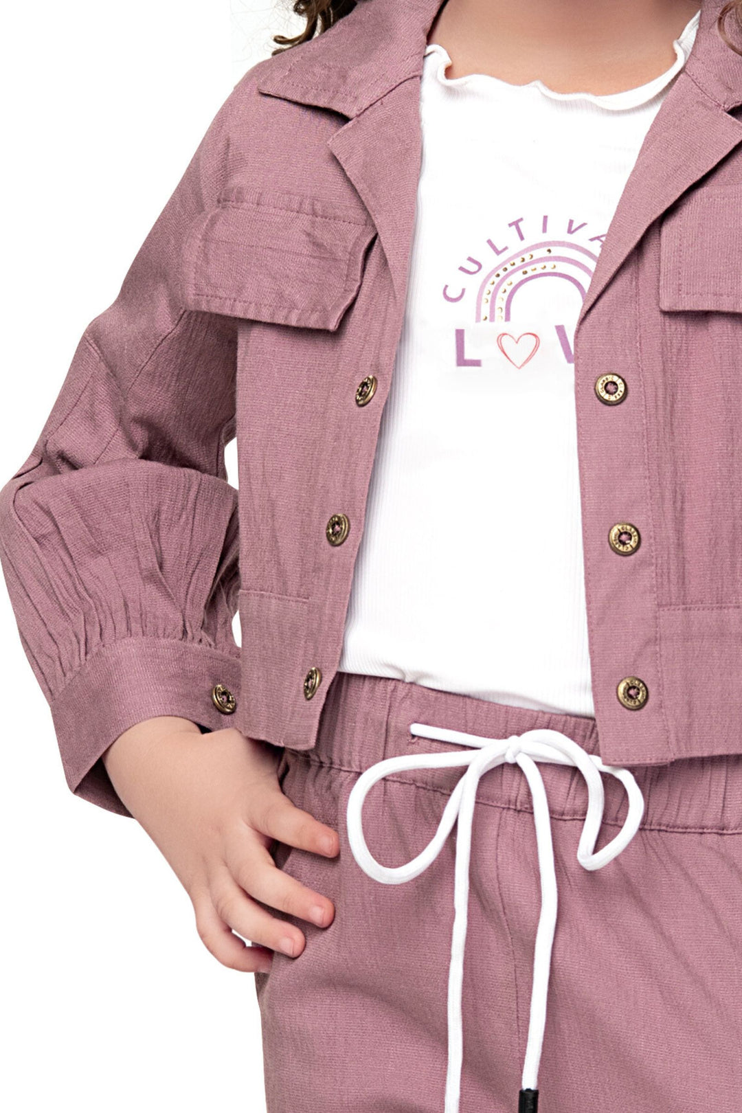 Onion Pink with White Overcoat Styled Top and Pant Set for Girls