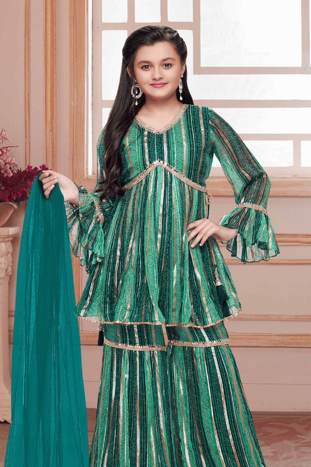 Green Bandini Print, Zari and Mirror work Peplum Style Sharara Suit Set for Girls - Seasons Chennai