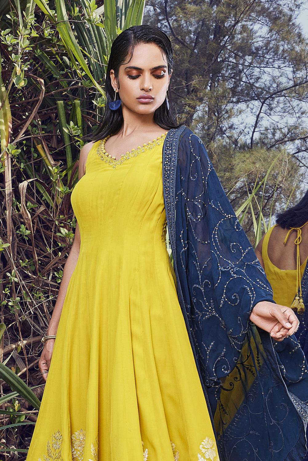 Yellow Sequins and Banaras work Anarkali Style Salwar Suit with Palazzo Pant - Seasons Chennai