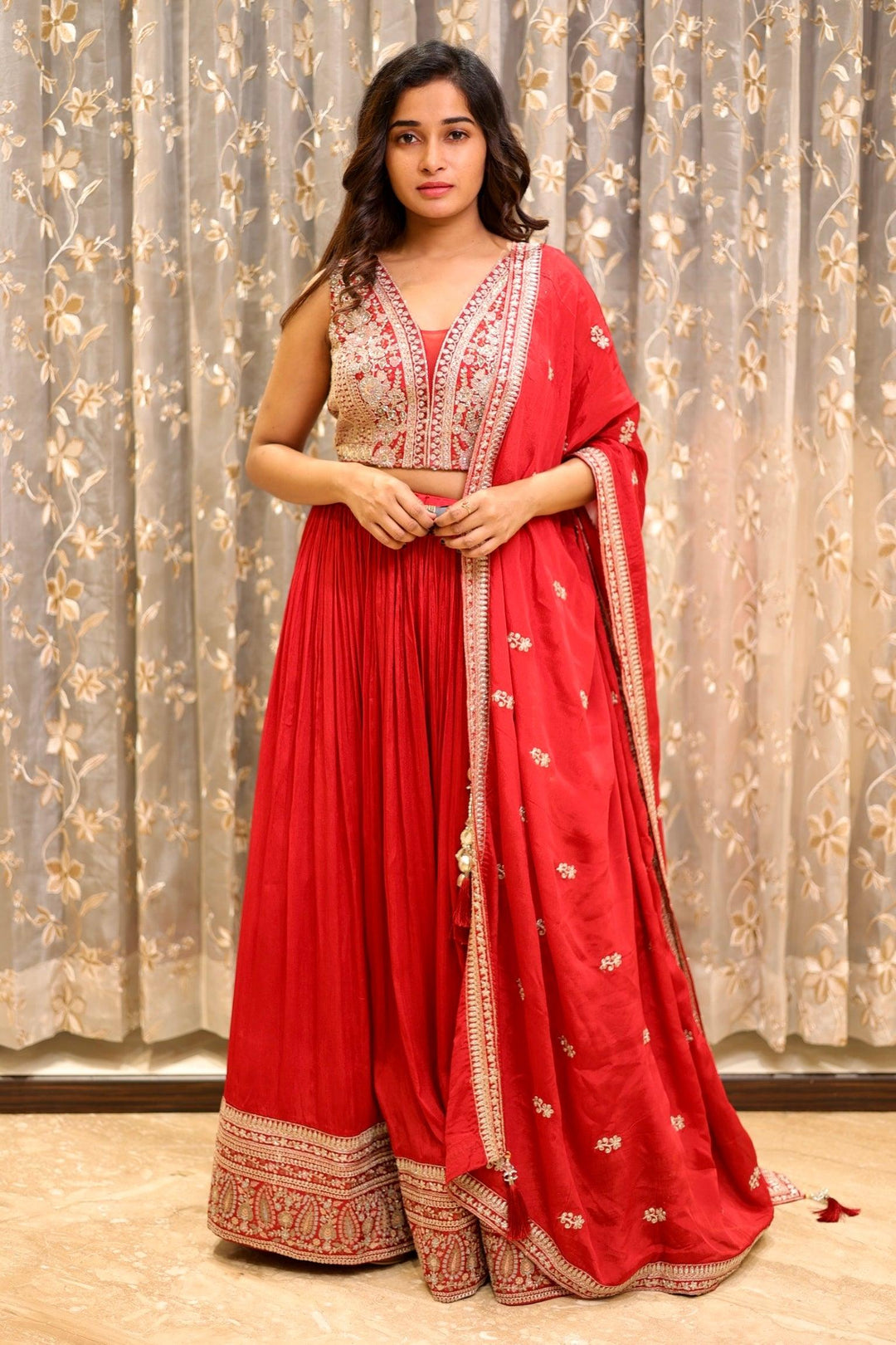 Red Sequins, Zari, Thread and Beads work Crop Top Lehenga - Seasons Chennai