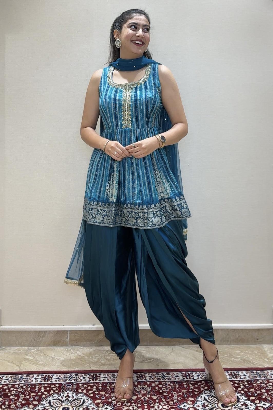 Peacock Blue Banaras and Sequins work with Bandini Print Peplum Dhoti Styled Salwar Suit - Seasons Chennai