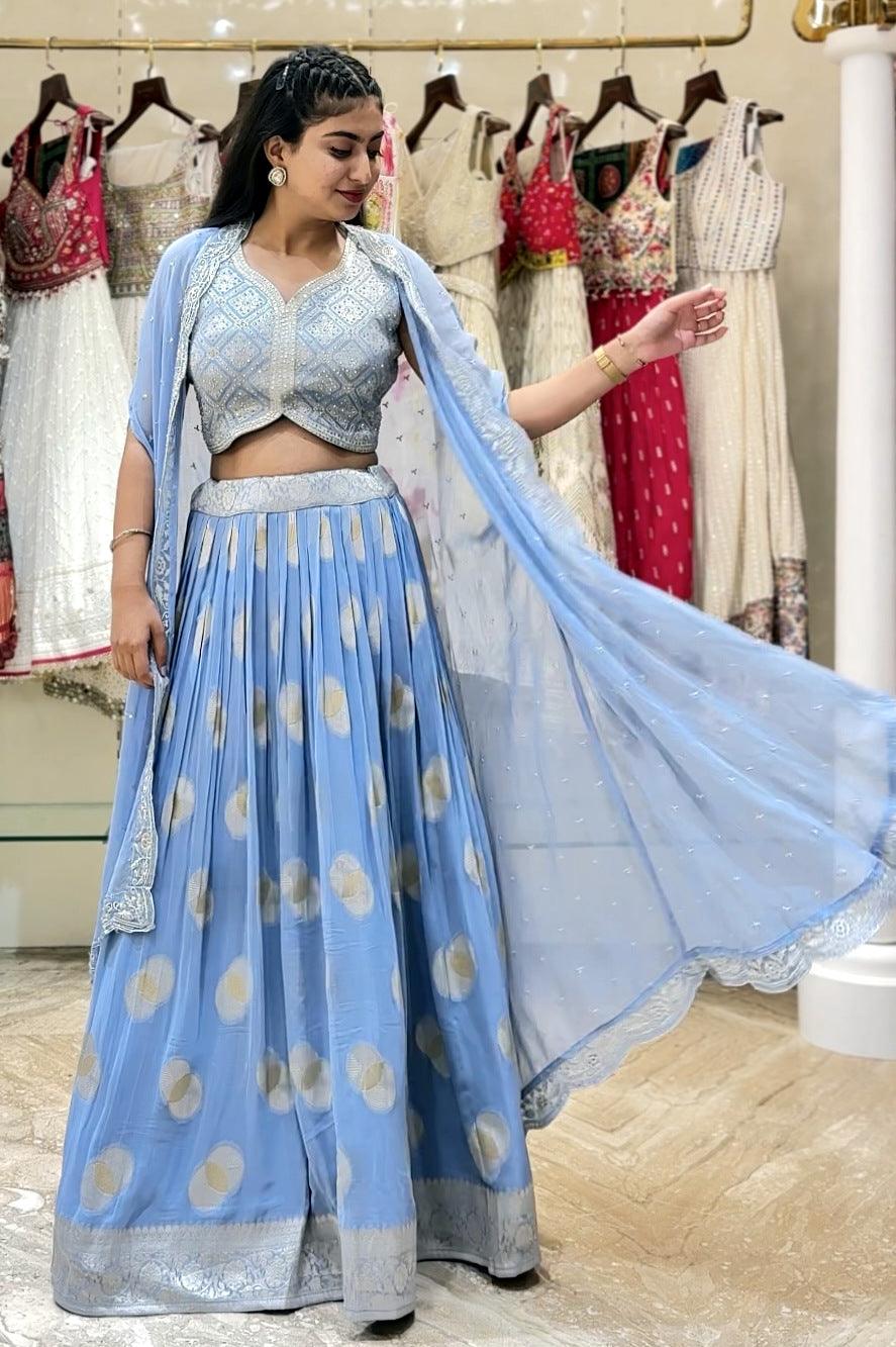 Blue Banaras, Stone, Sequins, Zari and Thread work Overcoat Styled Crop Top Lehenga - Seasons Chennai