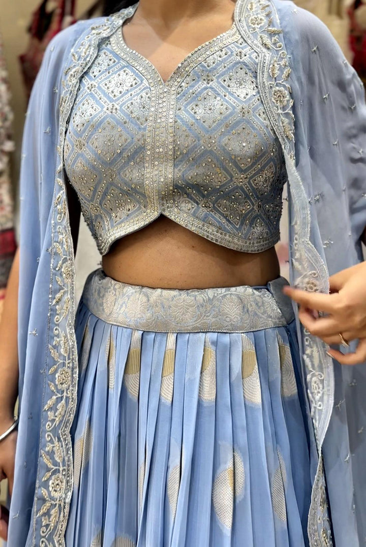 Blue Banaras, Stone, Sequins, Zari and Thread work Overcoat Styled Crop Top Lehenga - Seasons Chennai