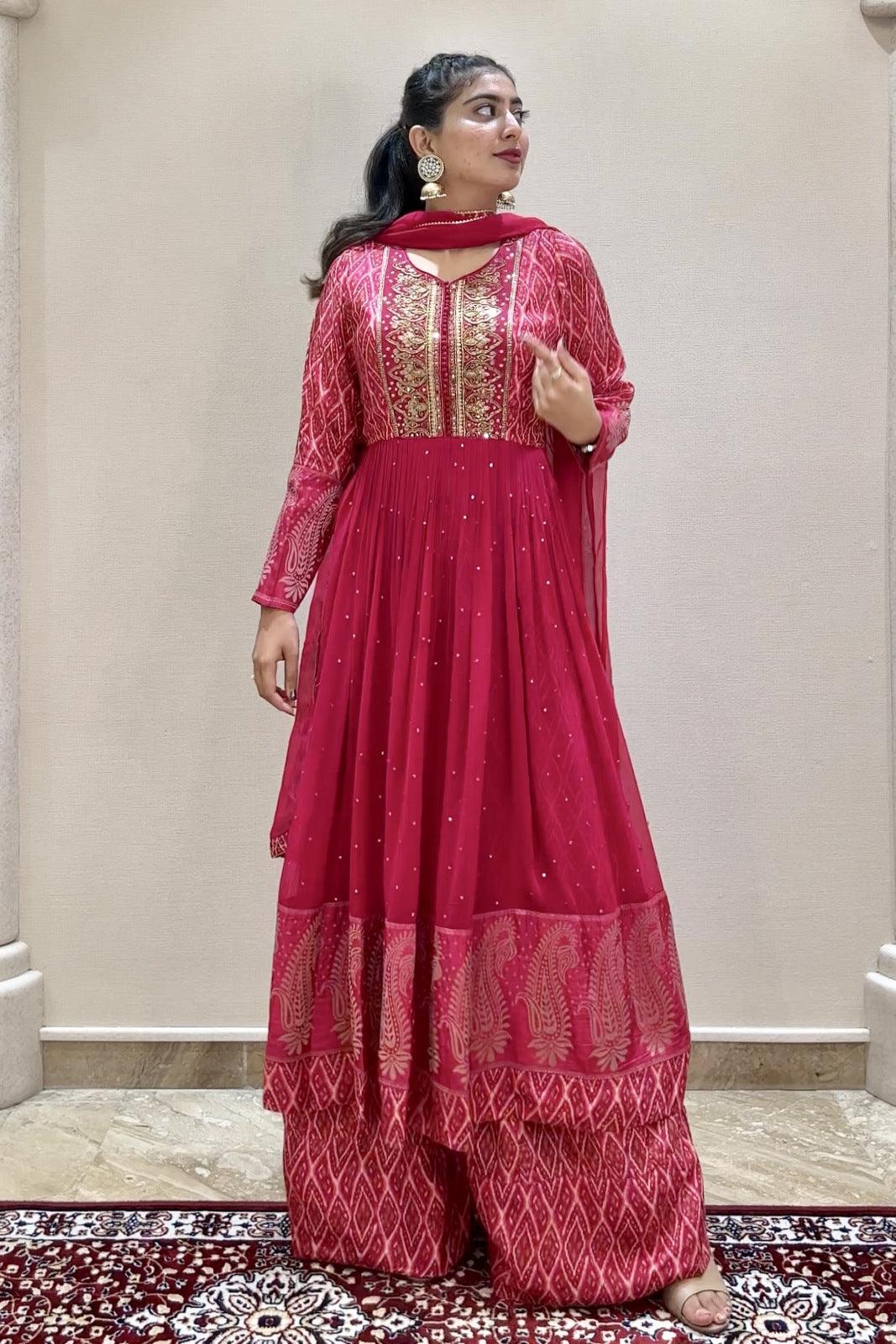 Rani Pink Zari and Sequins work Salwar Suit with Palazzo Pants – Seasons  Chennai