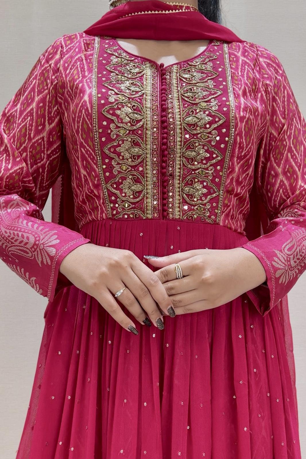Rani Pink Sequins, Banaras and Mirror work with Bandini Print Salwar Suit with Palazzo Pants - Seasons Chennai