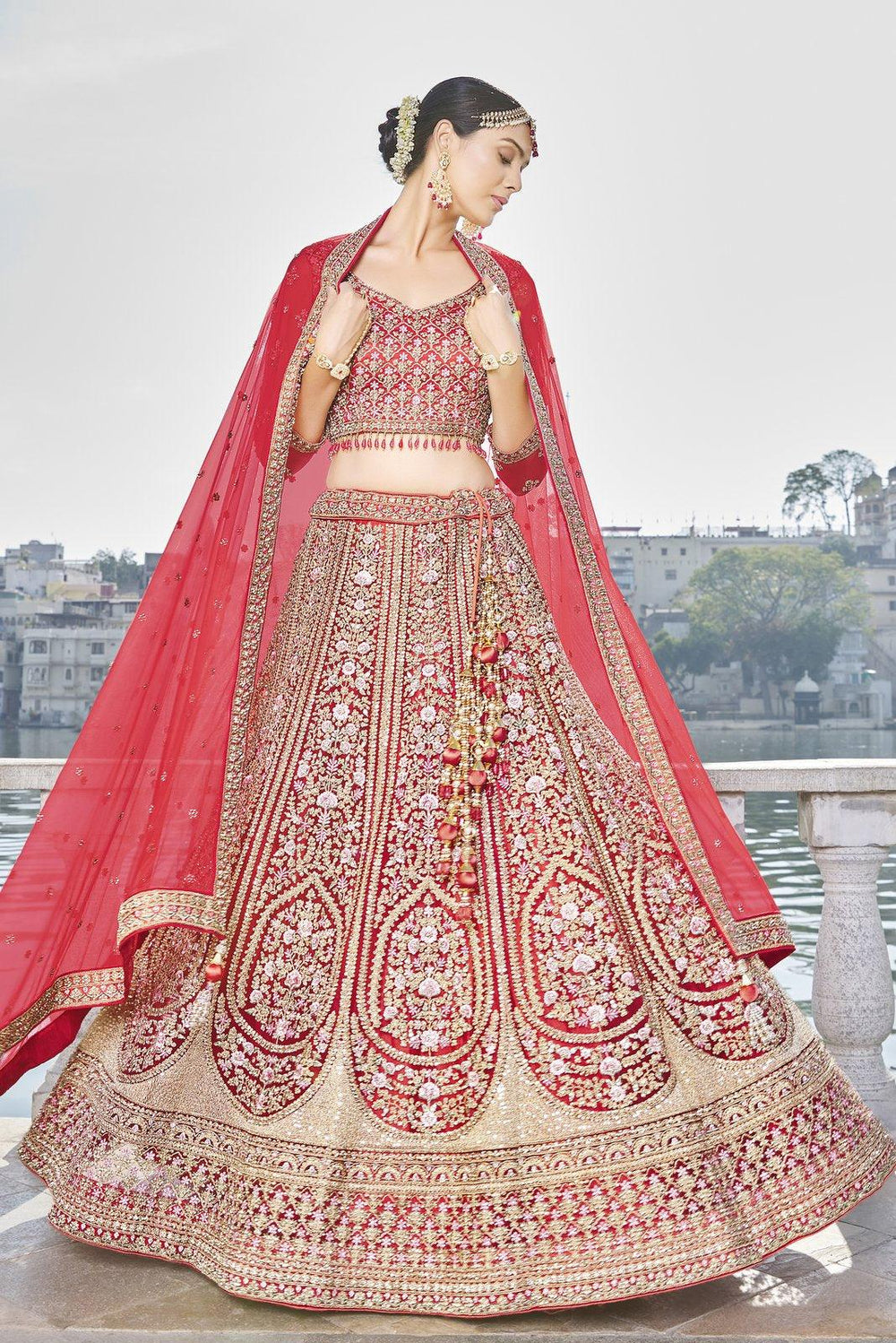 Orange Zari, Sequins, Thread and Stone work Crop Top Designer Bridal Lehenga with Blet - Seasons Chennai