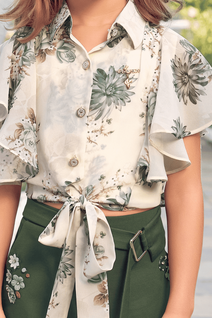 Cream Floral Print Top and Olive Green Shorts For Girls - Seasons Chennai