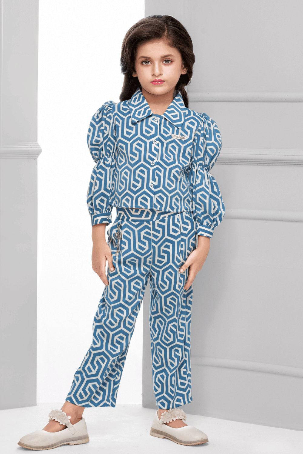 Blue with White Printed Co-ord Set for Girls - Seasons Chennai