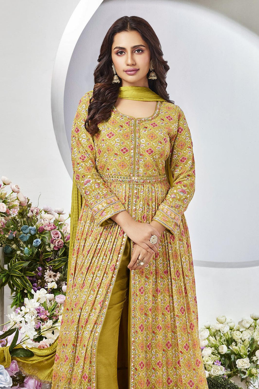 Lemon Green Multicolor Embroidery, Sequins and Mirror Work Long Top with Straight Pant - Seasons Chennai
