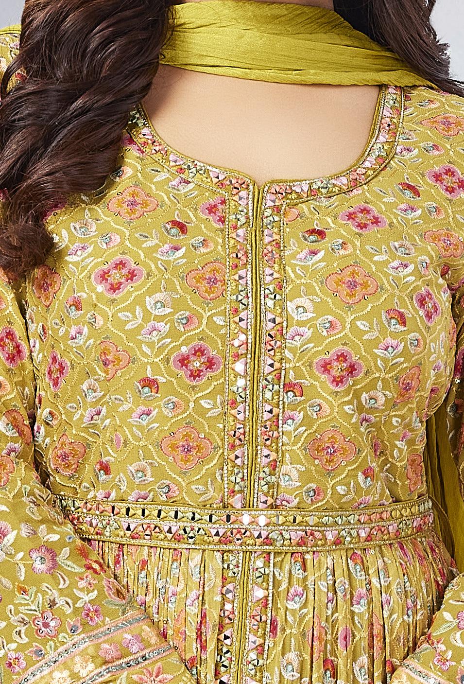 Lemon Green Multicolor Embroidery, Sequins and Mirror Work Long Top with Straight Pant - Seasons Chennai
