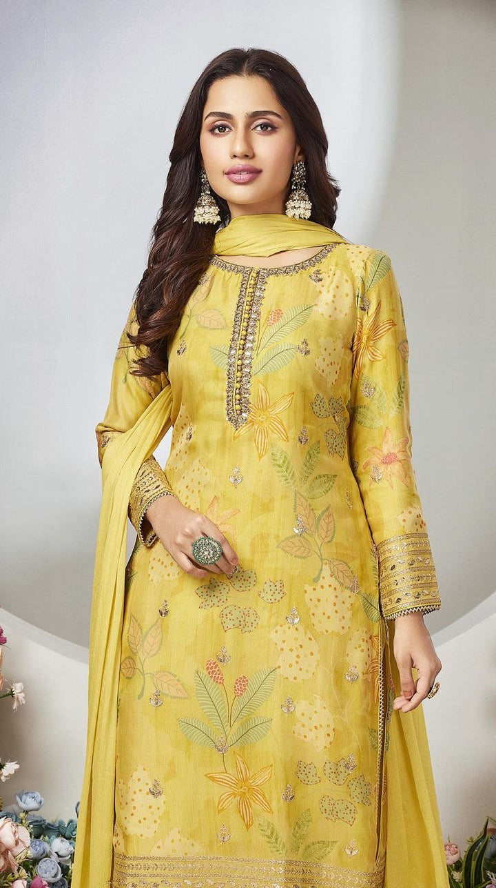 Yellow Zari, Sequins and Zardozi work with Digital Print Straight Cut Salwar Suit - Seasons Chennai