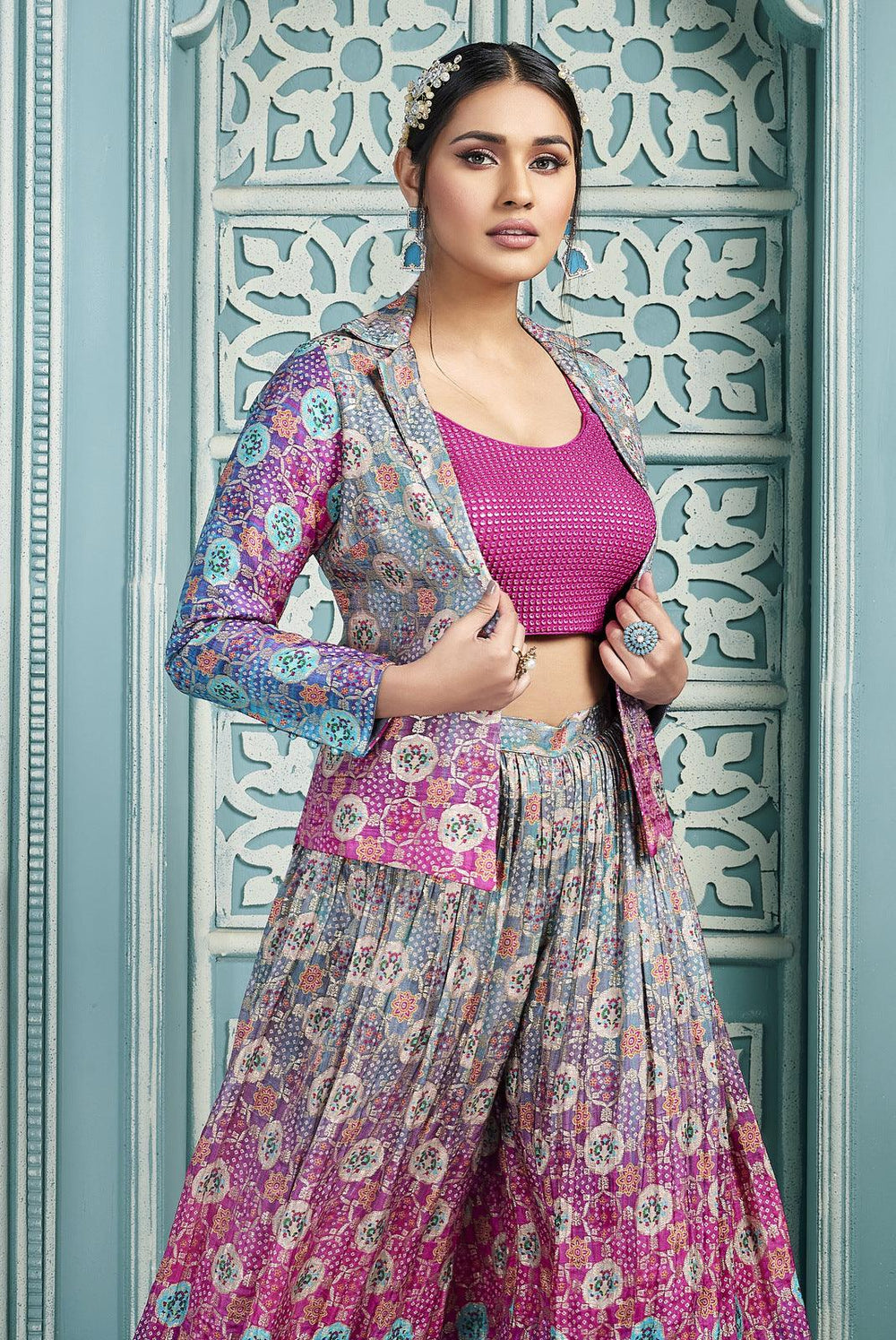 Pink with Greyish Blue Banaras work and Digital Print Crop Top with Overcoat Styled Palazzo Suit Set - Seasons Chennai