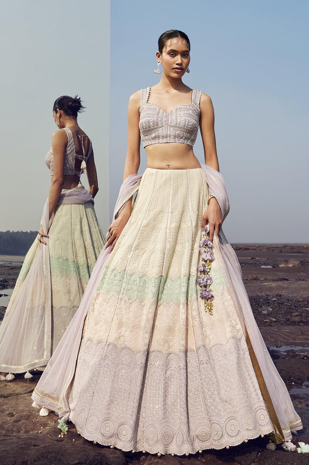 Lilac Multicolor Lucknowi Thread, Pearl, Beads and Sequins work Crop Top Lehenga - Seasons Chennai
