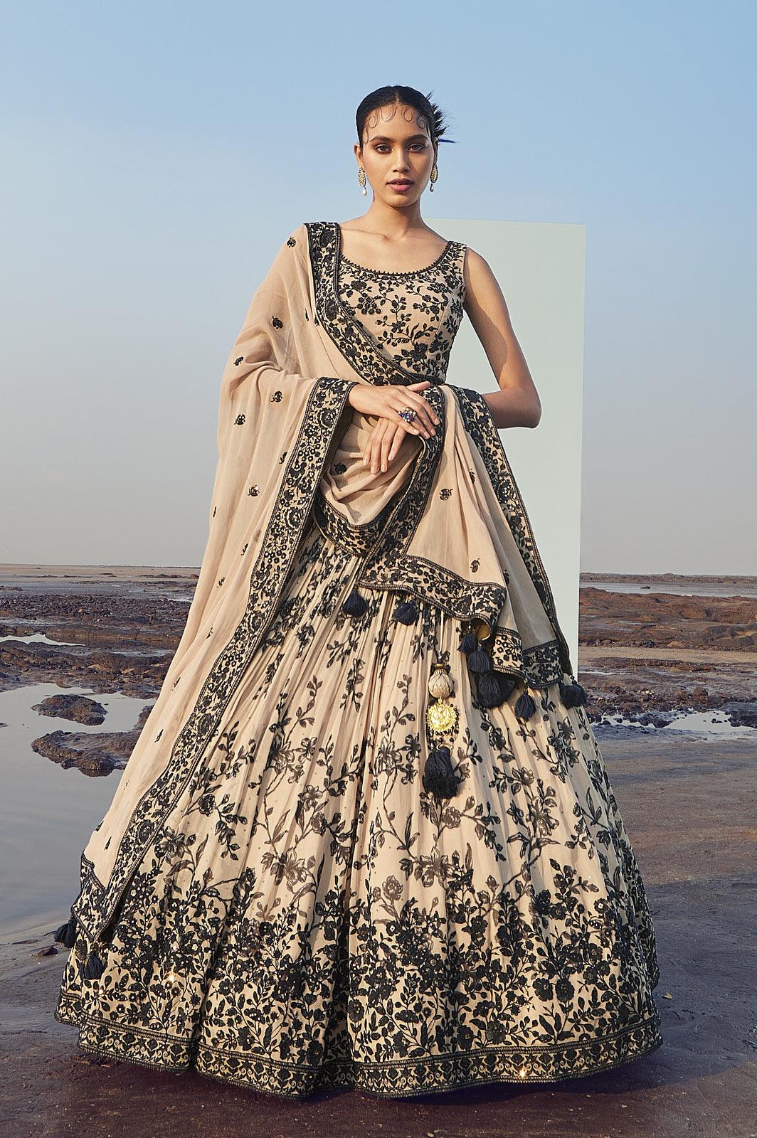 Beige with Navy Blue Embroidery, Sequins and Thread work with Digital Print Crop Top Lehenga - Seasons Chennai
