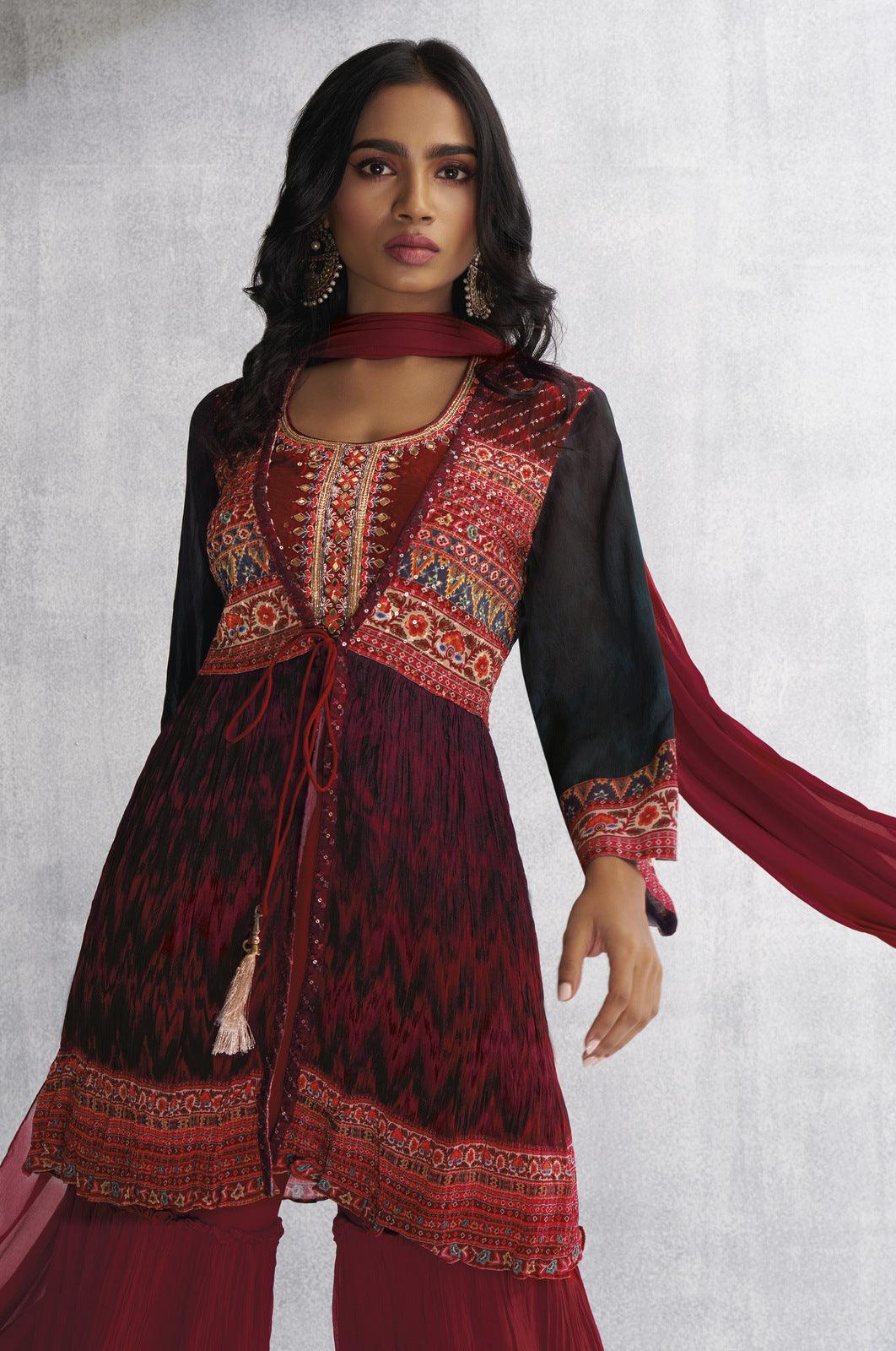 Maroon Mirror and Sequins work with Multicolor Digital Print Overcoat Styled Palazzo Suit Set - Seasons Chennai