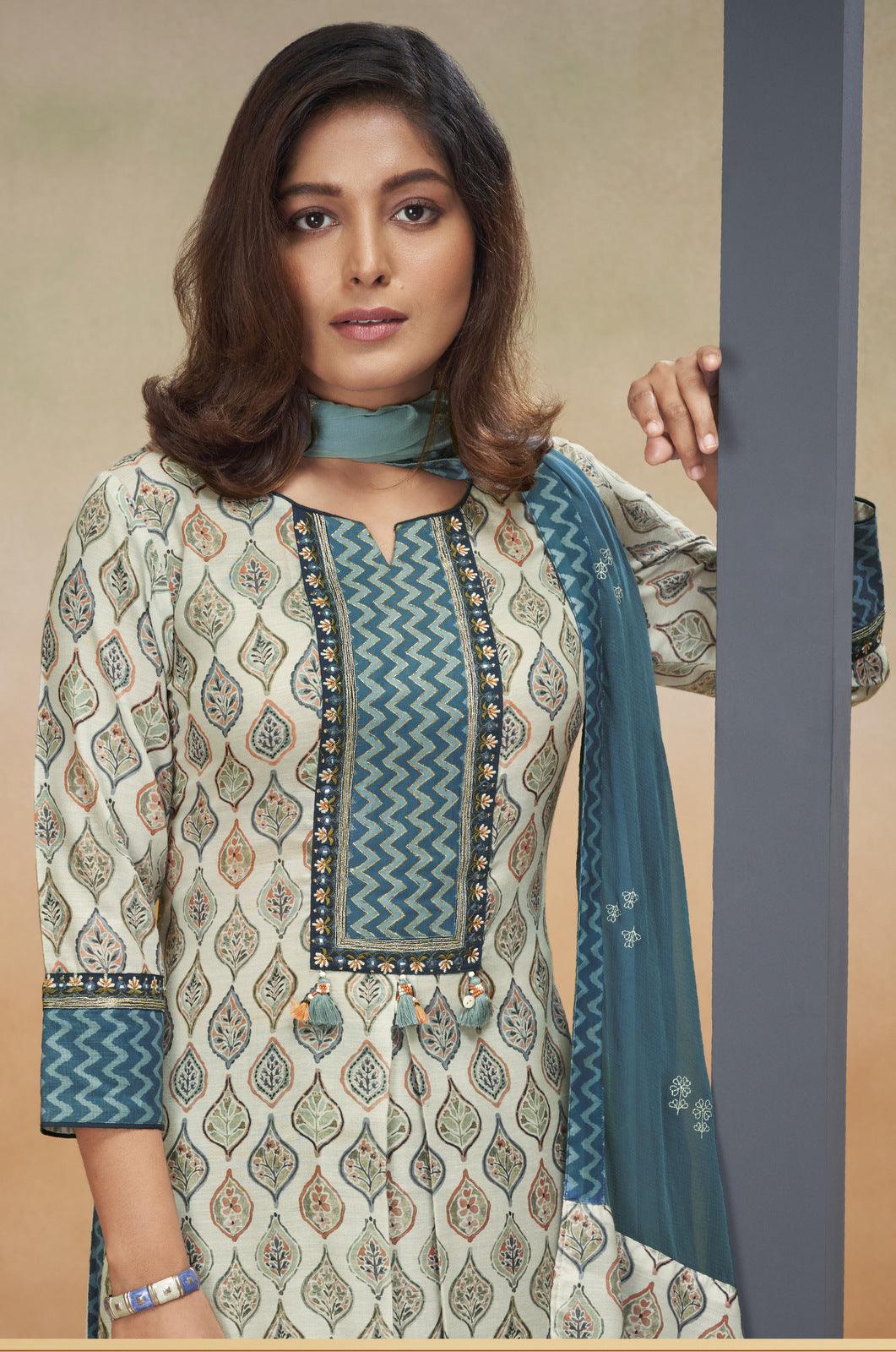 Half White with Blue Multicolor Digital Print, Zari and Thread work Straight Cut Salwar Suit - Seasons Chennai