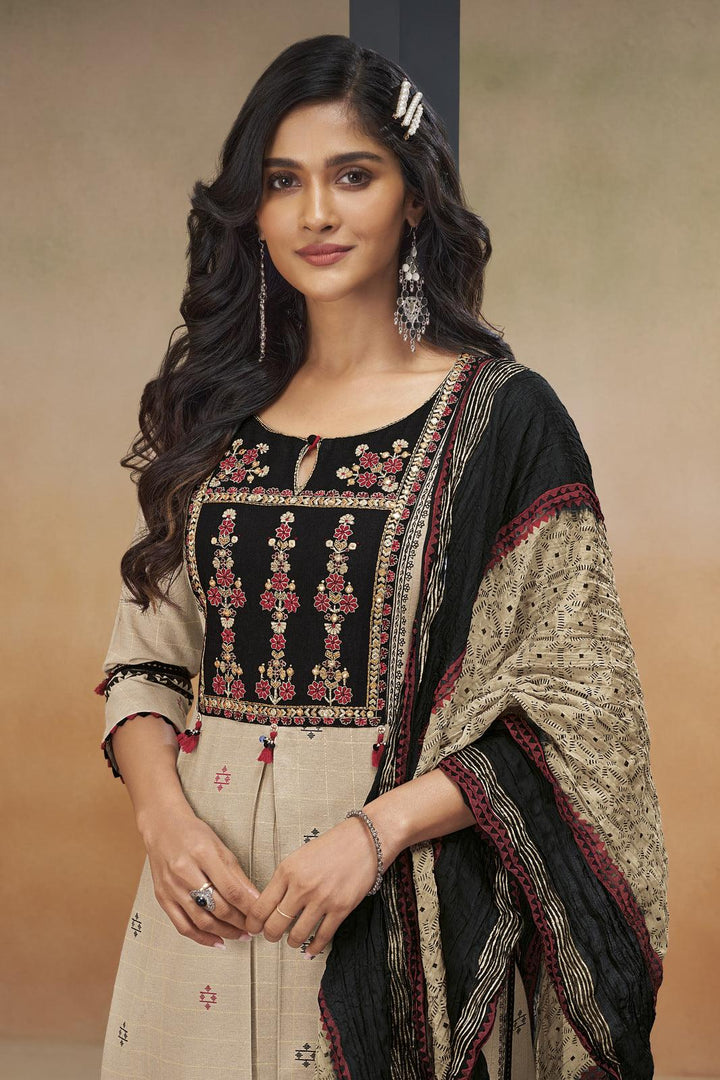 Beige with Black Zari Weaving and Multicolor Embroidery work Straight Cut Salwar Suit - Seasons Chennai
