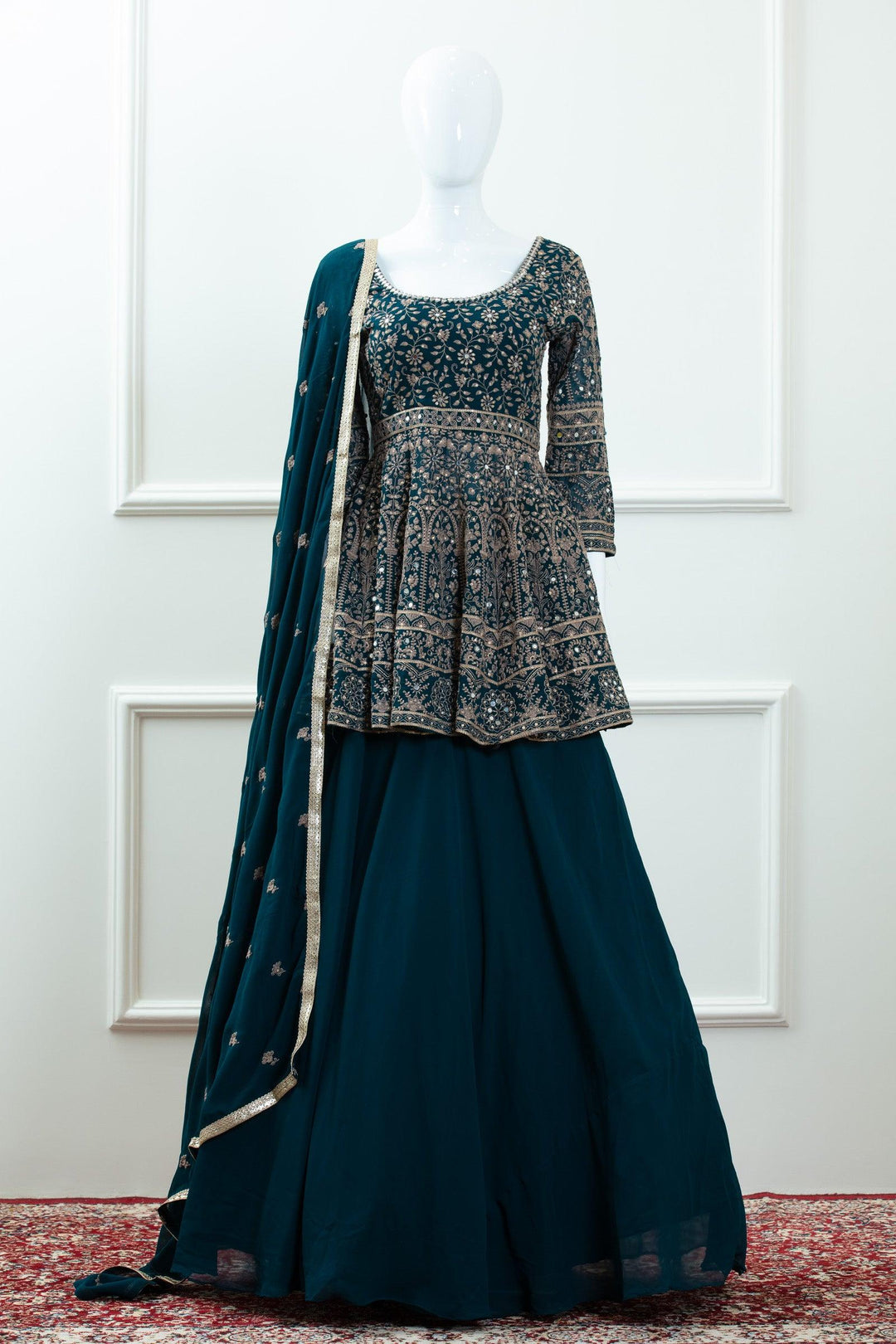 Peacock Green Thread, Mirror and Sequins work Peplum Style Lehenga - Seasons Chennai
