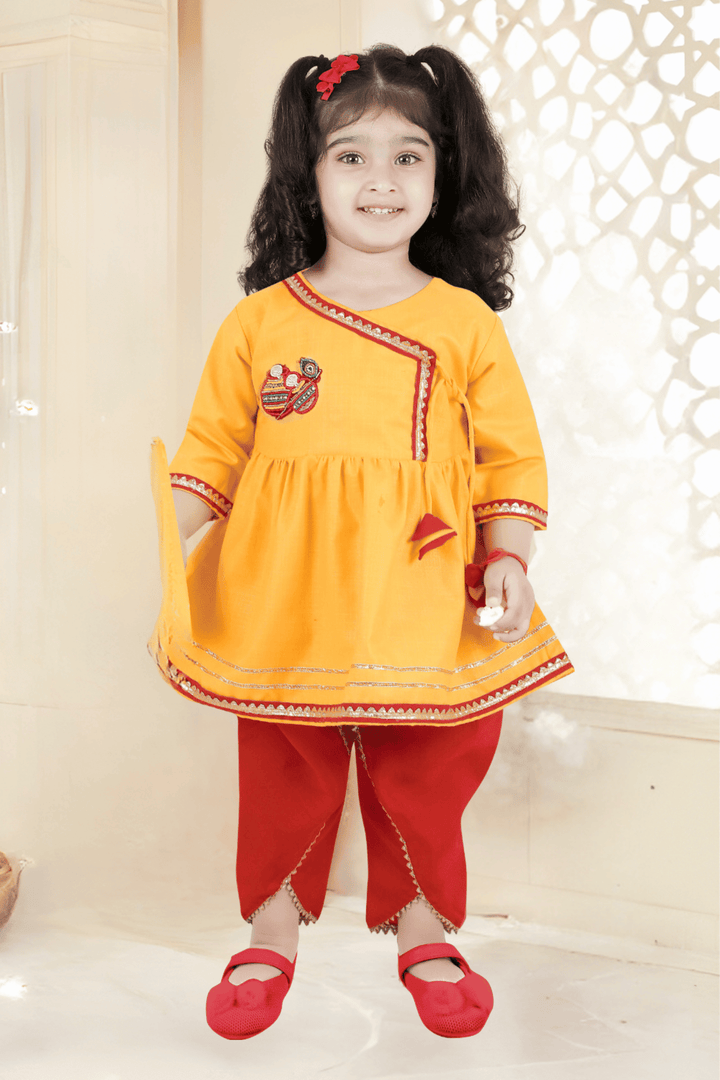 Yellow with Red Pearl, Stone and Beads work Dhoti Style Peplum Kurti for Girls - Seasons Chennai
